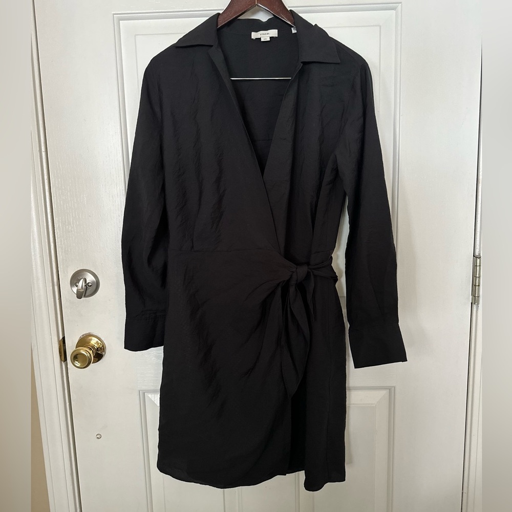 Vince Black Tie Waist Long Sleeve Wrap Front Shirt Dress Size Medium - Picture 2 of 6